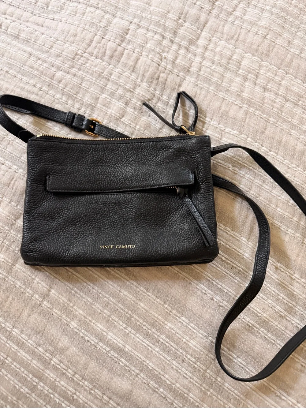 Vince Camuto Pebbled Black Leather Crossbody with Front Zip Pocket